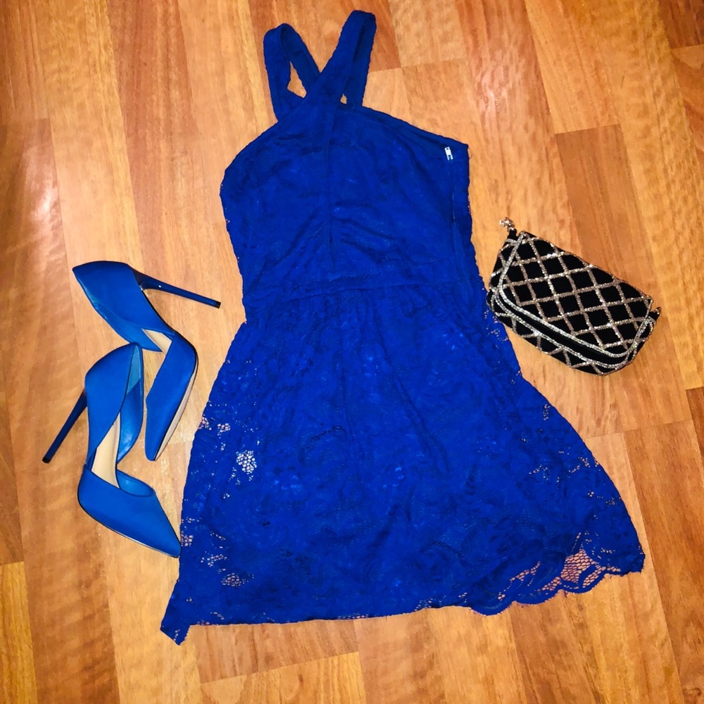Blue lace dress with key hole